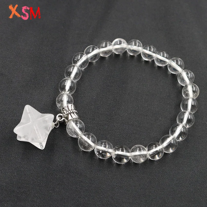 8mm Ronde Kralen Merkaba Armbanden Natuurlijke Amethisten Rock Crystal Elastische Armbanden Reiki Charms Handgemaakte Sieraden voor Vrouwen 1 Pcs