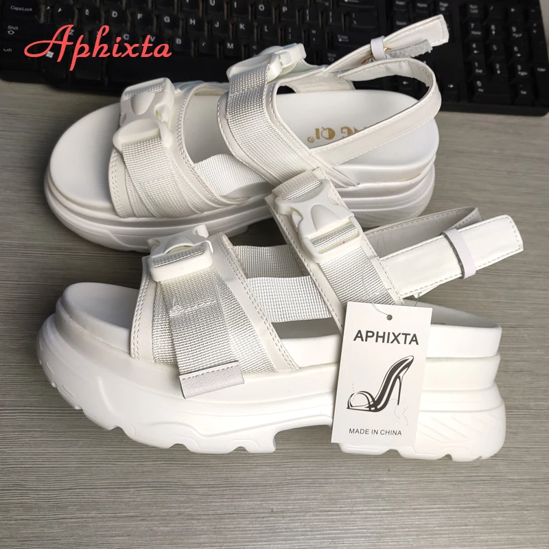 Aphixta Platform Shoes Women Sandals Wedge Heels Height Increaming Summer Buckle Thick Soled Beach Canvas Sandals Big Size 43