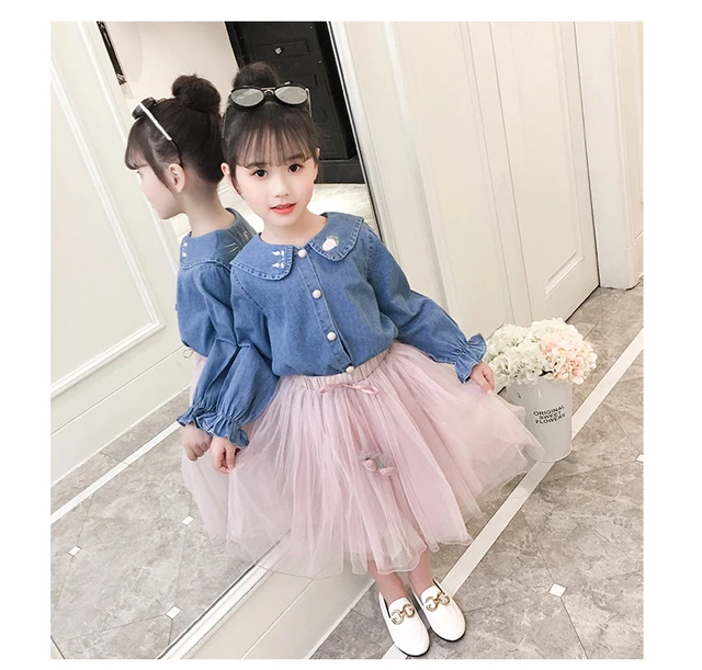 2019 Girl Kids Fashion Clothing set Denim Shirts Blouse TUTU Skirts 2pcs sets Spring Fall Girls Children Princess Suits Wear