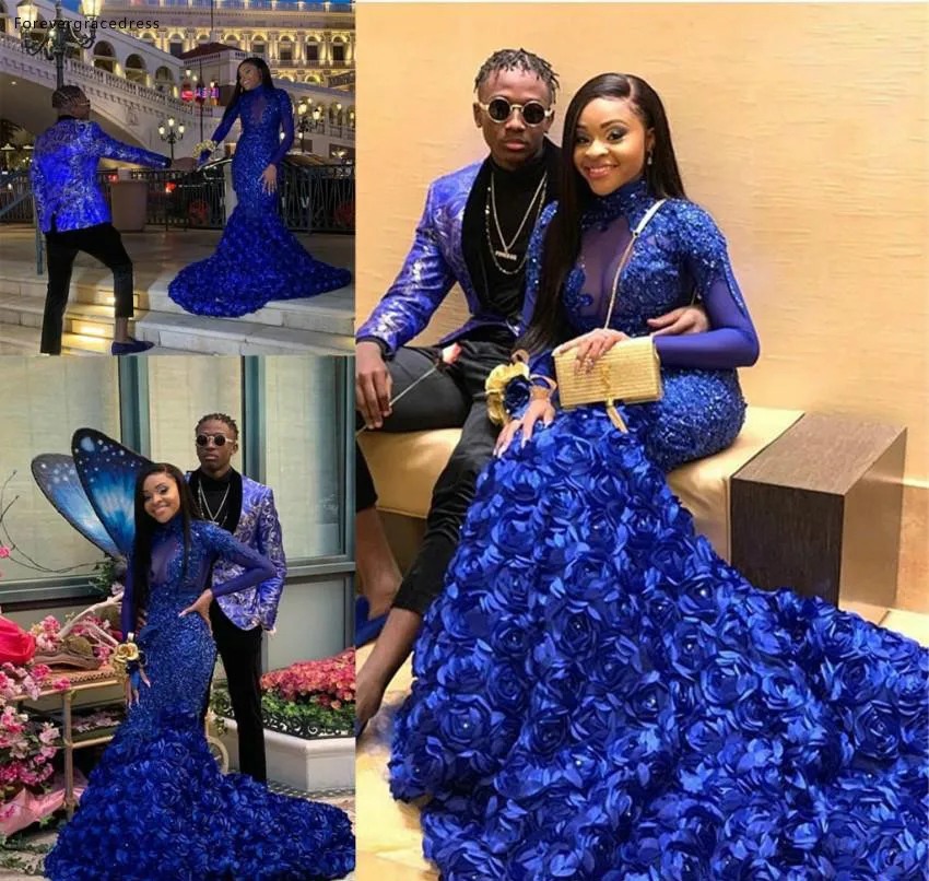 Royal Blue Prom Dresses Mermaid Long Sleeve Appliques Formal Pageant Holidays Wear Graduation Evening Party Gowns