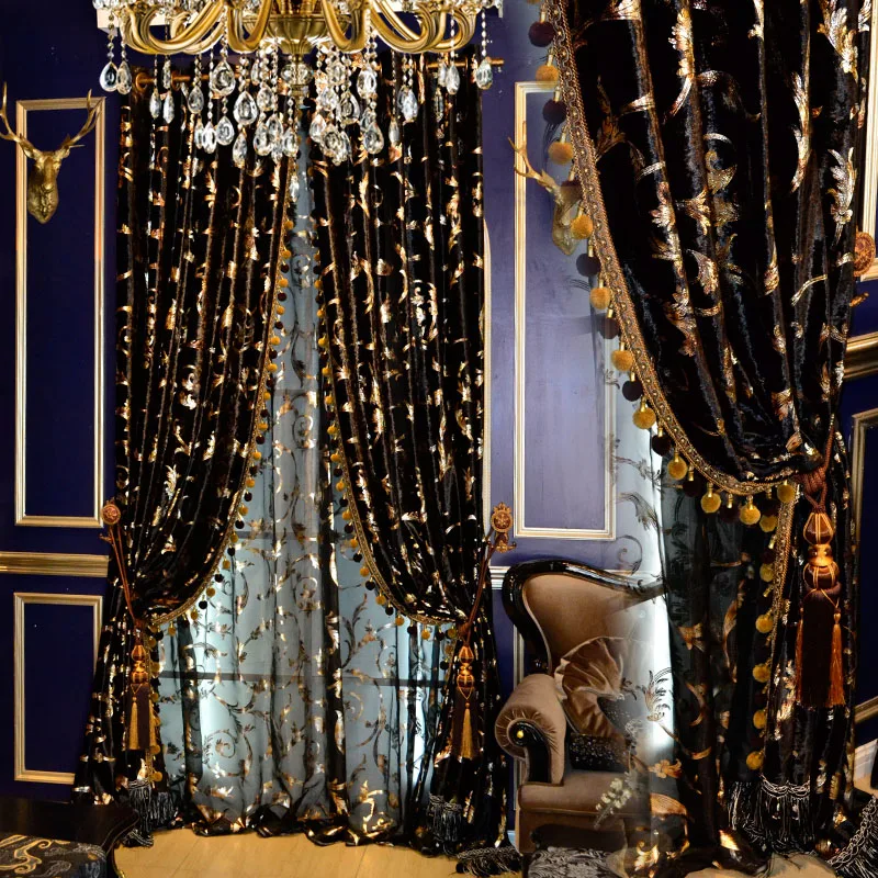 

Custom curtain black gold European American high quality curtain luxurious velvet Bronzing cloth blackout curtain valance E655