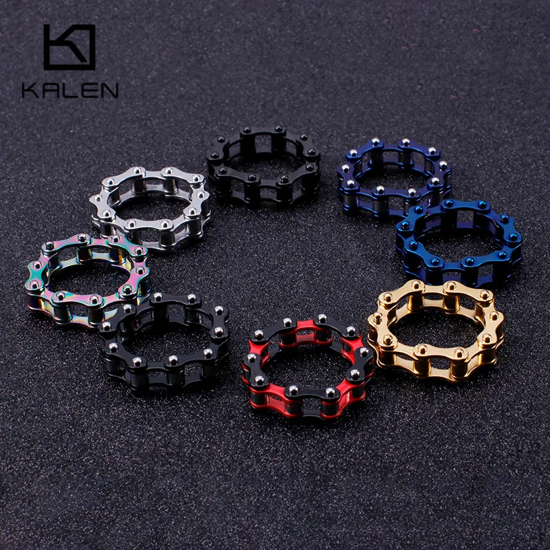 KALEN Stainless Steel Gold Color Motorcycle Chain Rings For Men Boho Colorful Bike Chain Finger Man Ring Biker Party Jewelry Siz