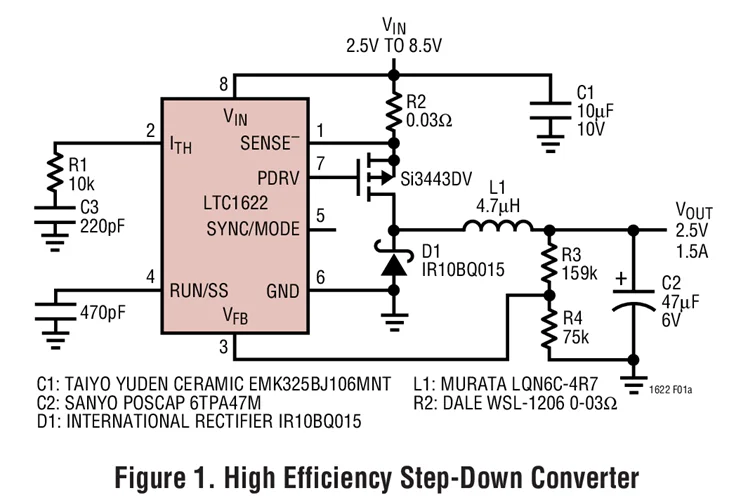 LTC1622CMS8 LTC1622CS8 LTC1622IS8 LTC1622 - Controlador DC/DC Step-Down de modo de corrente de baixa tensão de entrada