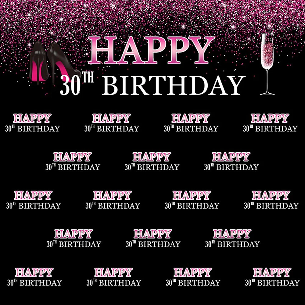 

Happy 30th Birthday Backdrop Customized Printed Black High Heels Champagne Confetti Pieces Party Theme Photo Booth Background