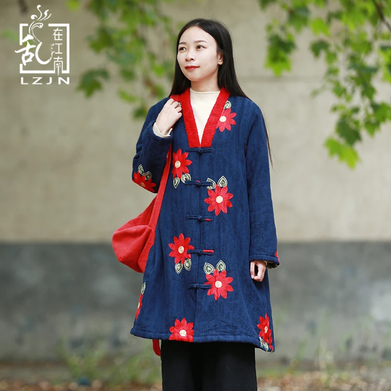 LZJN-Faux Fur Winter Coat for Women, Big Flower Embroidery, Chinese Long Jacket, V Neck, Warm Vintage Fleece Coat, Mori Girl