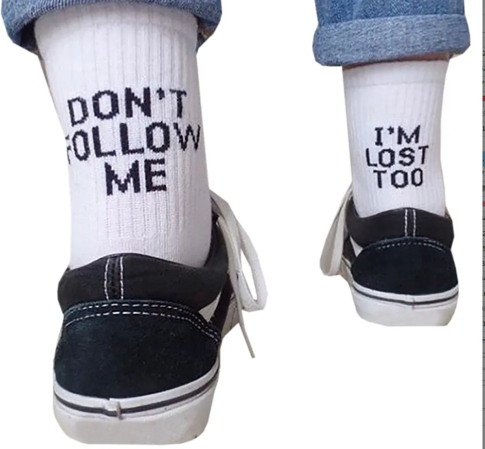 2018 new Hip hop Street skateboard Harajuku socks for men and women happy Meias dont follow me casual socks I am lost too