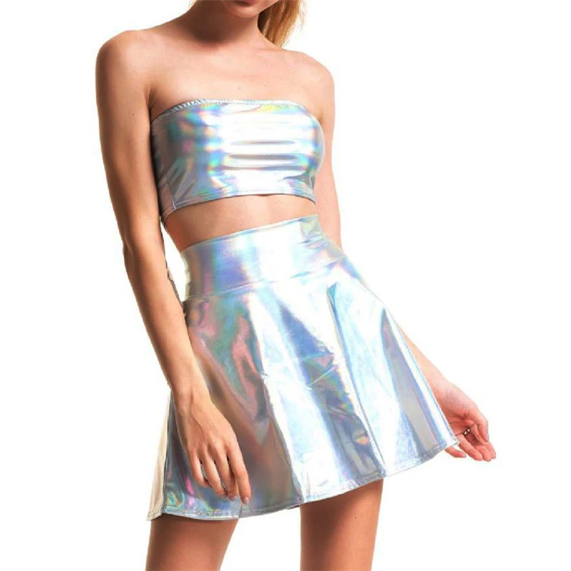 Bling Silver Holographic Women Strapless Tops Mini Skirts Two Piece Set Turtleneck Top Sexy Skirt 2 Pcs Set Summer Streetwear