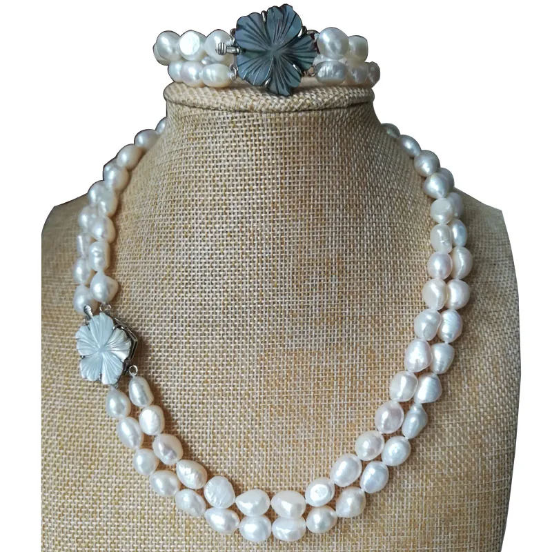 

17-18 inches Double Rows Natural White Baroque Pearl Necklace & Bracelet Jewelry Set