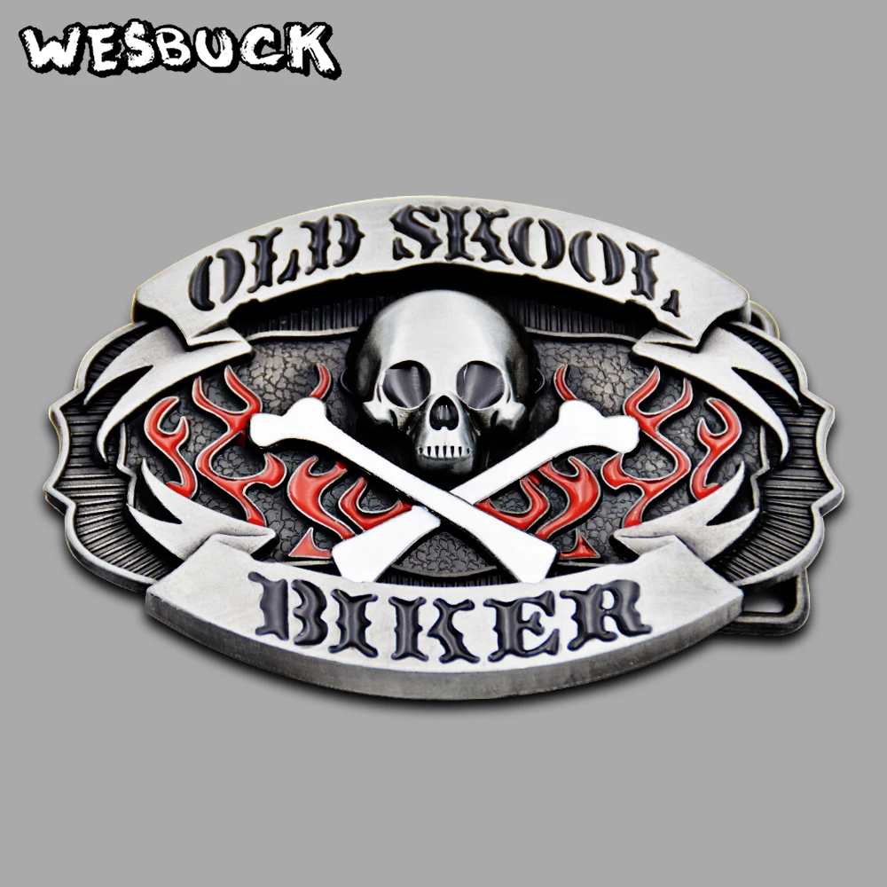 WesBuck Brand Old Skool Biker Skull Belt Buckle For Mens Accessories Metal Buckles With PU Belt Festive gifts