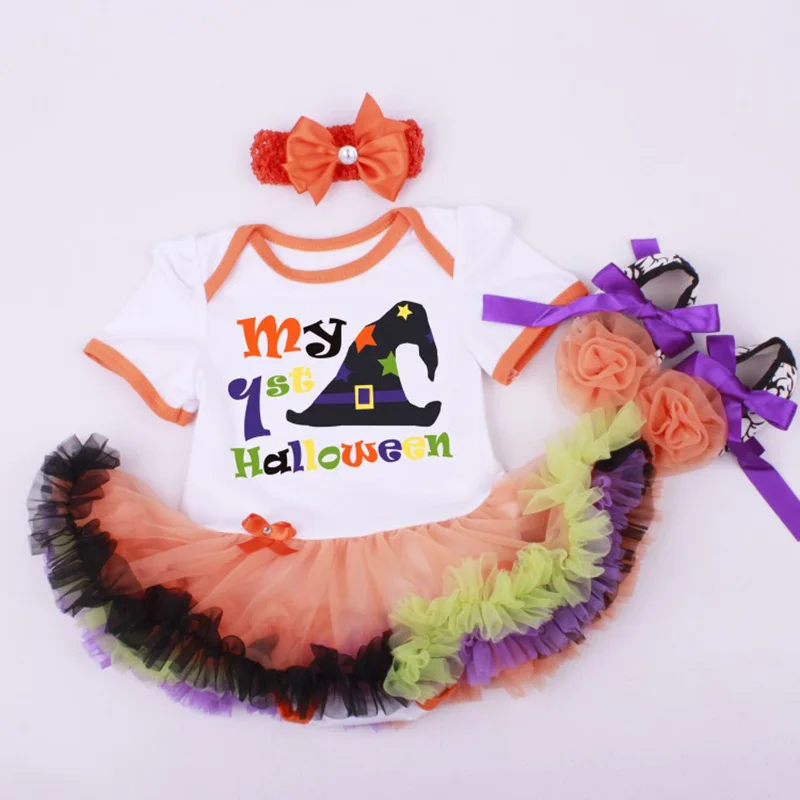 Halloween Baby Girl Clothing Sets Pumpkin Romper Dress Jumpersuit+Headband+Shoes 3pcs Suit Bebe Infant Festival Costumes