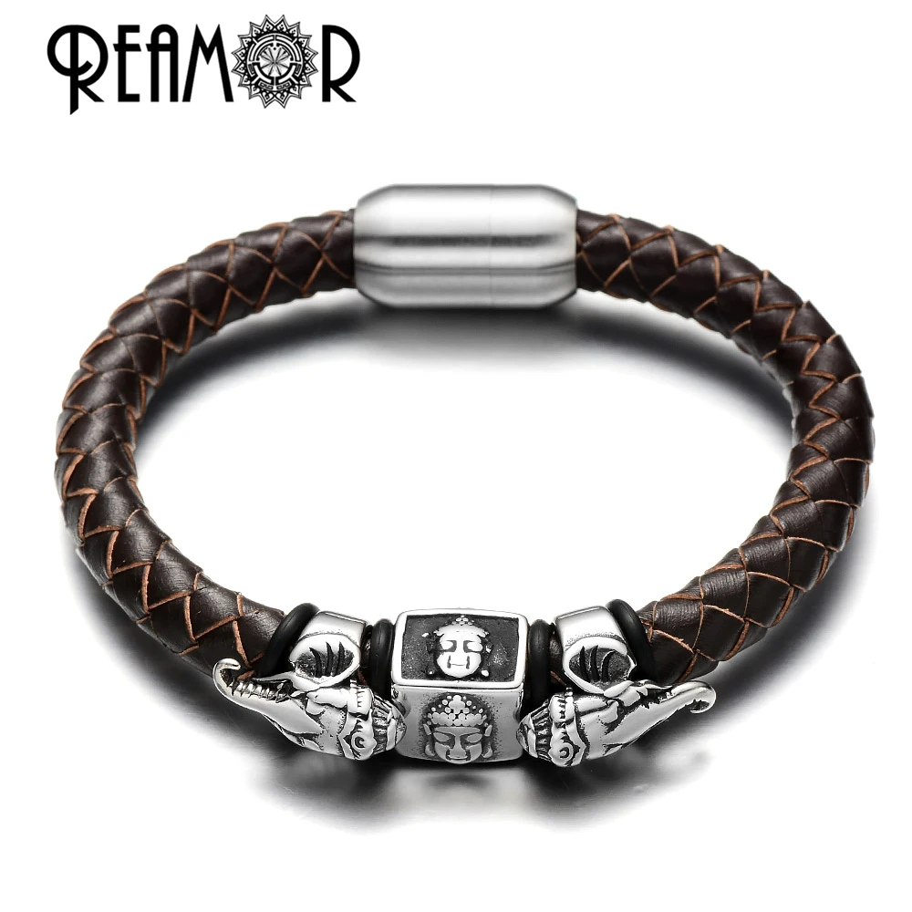 REAMOR Exoticism Design Thailand Ganesha Buddhism Genuine Leather 316l Stainless steel Bead Bracelet & Bangle with Magnet Clasp