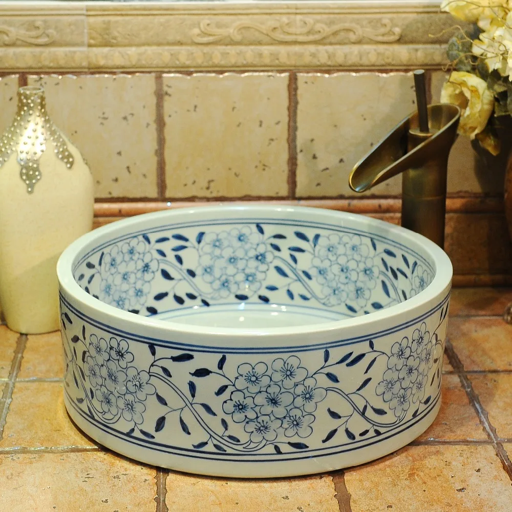 

Blue white Procelain Europe Vintage Style Art wash basin Ceramic Counter Top Wash Basin Bathroom Sinks bathroom sinks countertop