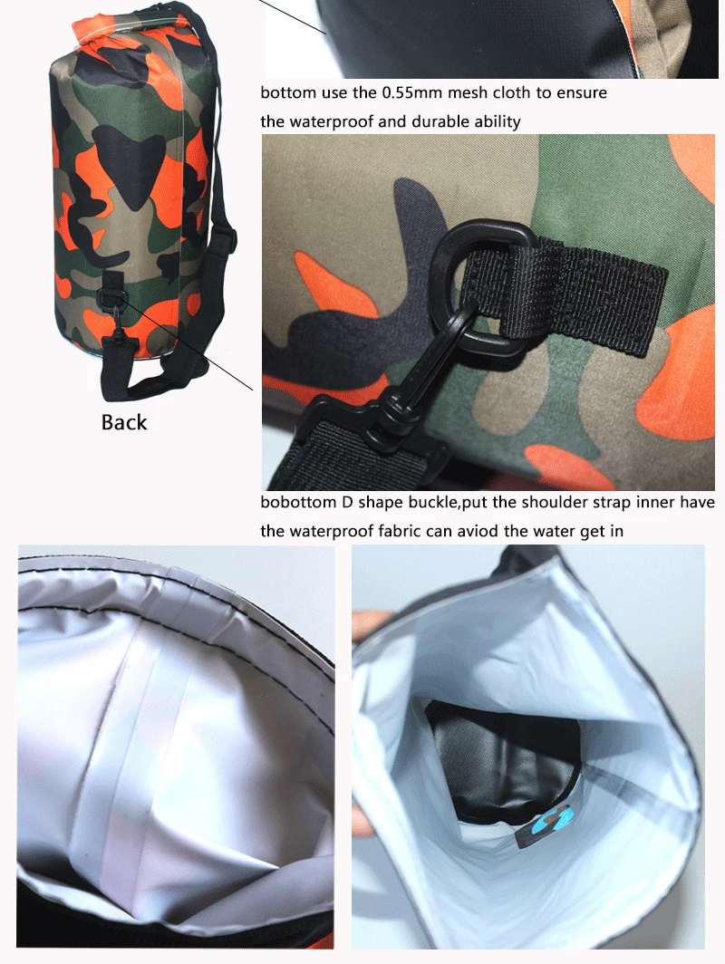 2/5/10/15/20/30L Outdoor Camouflage Wasserdichte Tragbare Rafting Tauchen Dry Bag Sack PVC Beschichtete Schwimmen Taschen für Fluss Trekking – Detail 4
