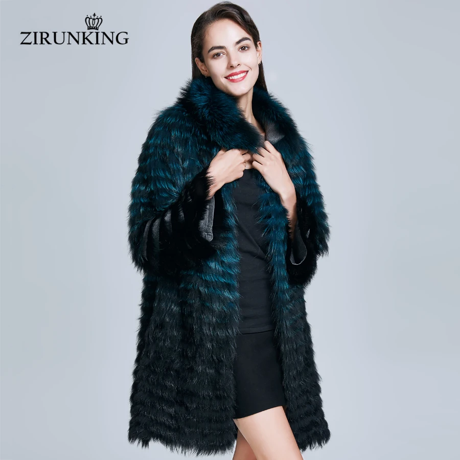 ZIRUNKING 2020 New color Real Fox Fur Coat Female Natural Silver Fox Fur Overcoats Dark Green Fashion Long Clothing ZC1737