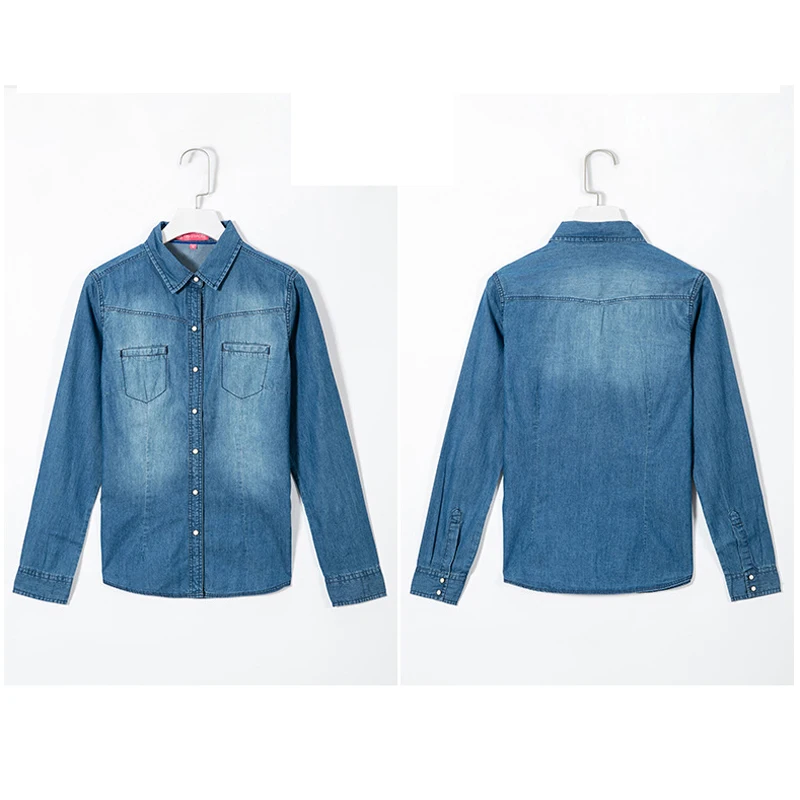 Fashion Long Sleeves Casual Denim Shirt Women 2022 Snap Button Cotton Ladies Shirt Plus Size Blue Jeans Shirt Camisa XZ118