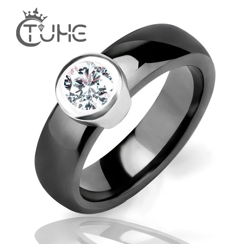 Engagement Ring AAA Cubic Zircon Big Stone Ceramic Ring Black White Stainless Steel Women Ring Fashion Jewelry Good Quality Gift