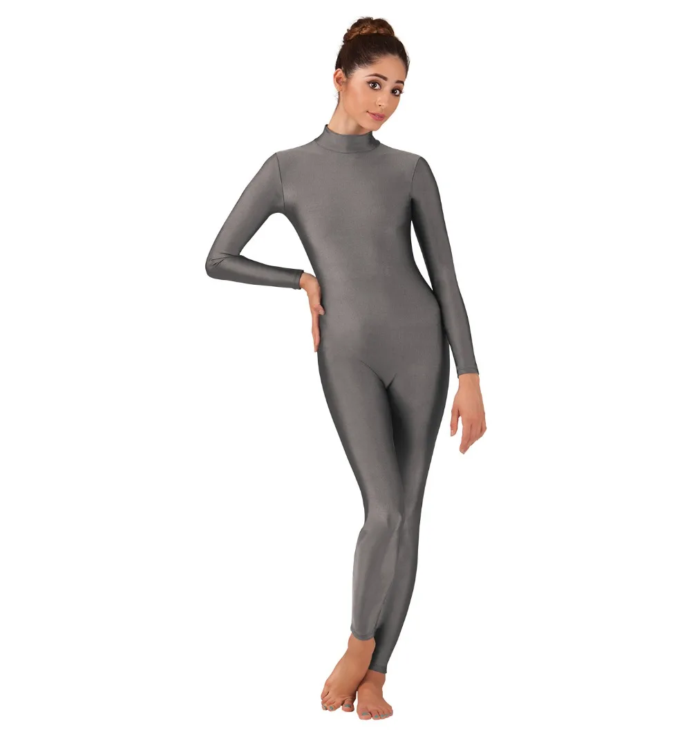 Speerise szara kobieta Mock Neck z długim rękawem Unitard do jogi dorosła gimnastyka taniec Unitard body bez stóp kostium taneczny
