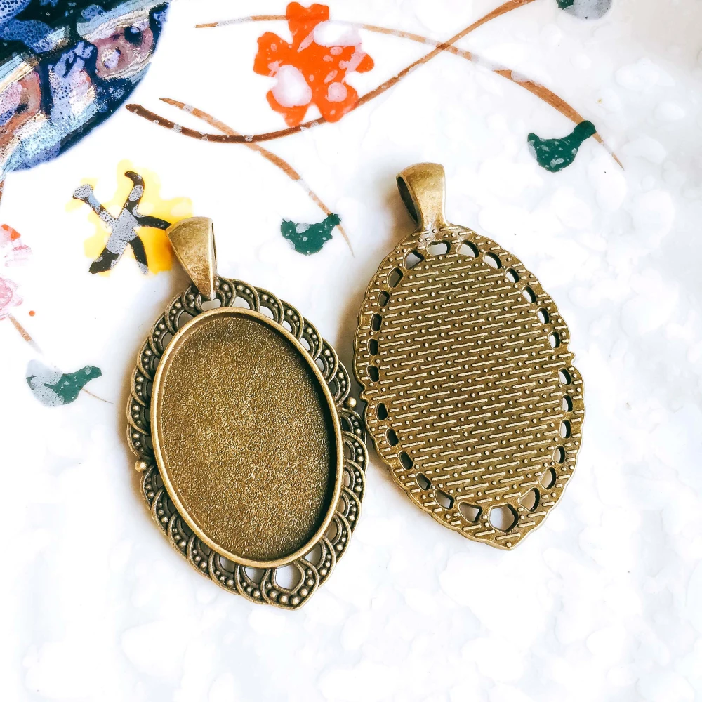 5pcs/lot 20x30mm Necklace Pendant Setting Antique Bronze Silver Color Glass Cabochon Blank Base Supplies for Jewelry T106