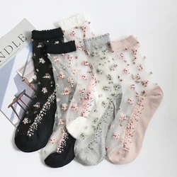 5 Pairs/Lot Summer Women Plant Flowers Sweet Crystal Cotton Anti-skid Transparent Thin Socks Femme Meia Ultra Cool Mesh Sexy Bas