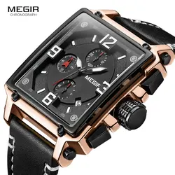 Megir Leather Strap Army Chronograph Quartz Wrist Watches Men Square Sports Stop Watch Man Clock Relogios Masculino 2061 Rose