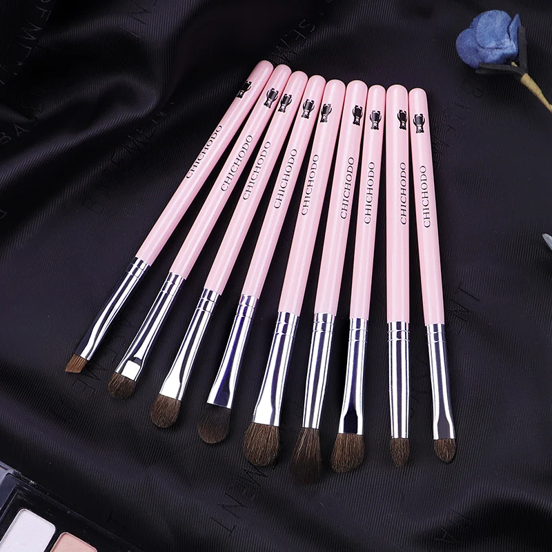 Pro 9Pcs Eyeshadow Brushes Set Natural Pony Goat Hair Eye Contour Blending Eyebrow Buffer Make up Pencil Concealer Brush