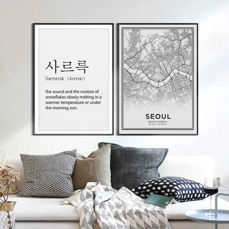 

Black White Seoul Map Posters Korean Definition Wall Art Canvas Paintings Minimalist Prints Pictures for Living Room Home Decor