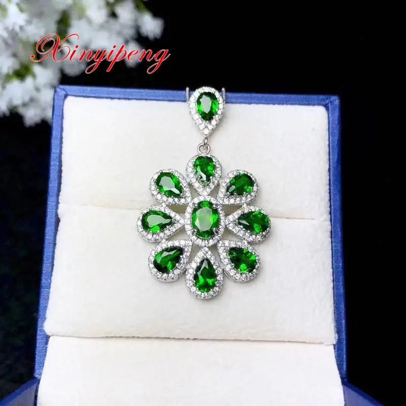 Xin yi  peng 925 silver inlaid natural diopside pendant woman necklace beautiful