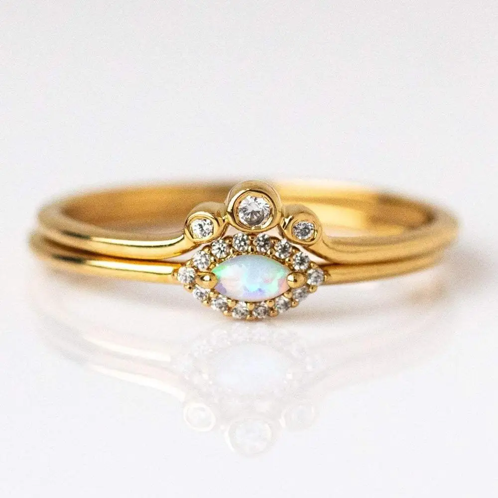 us size 5 6 7 8 set of 2 pcs wedding engagement ring set Gold color cute lovely opal stone eye cz thin small rings