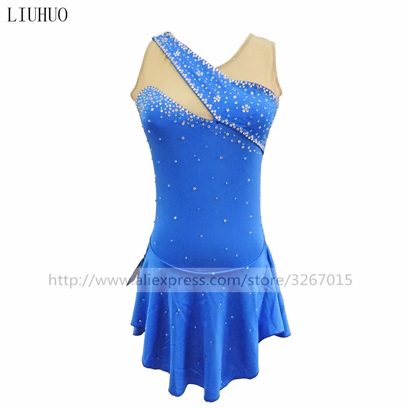 LIUHUO Figure Skating Dress Women's Girls Ice Performance Gymnastics Competition Ballet Dance Costume Sleeveless Blue Skirt Teen