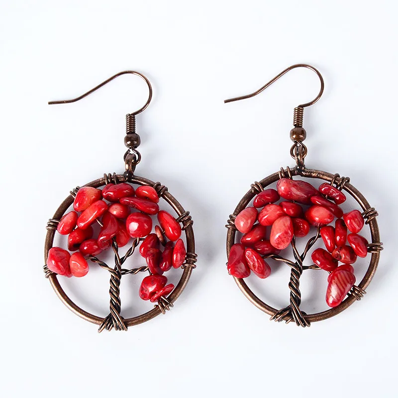 Antique Copper Wire Natural Stone Tree of Life Wisdom Hook Earrings Pink Quartz Round Earring For Women Girls Fashion Jewelry
