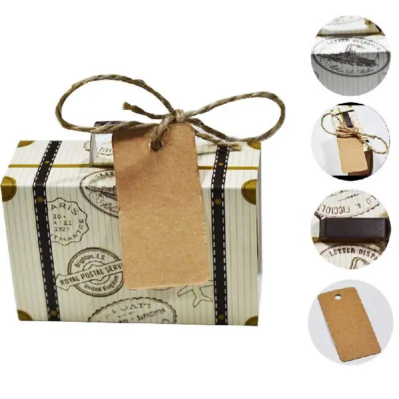 50pcs Travel Suitcase Favor Boxes with Burlap Twine Mini Vintage Kraft Candy Favor Boxes Gift Bags for Wedding