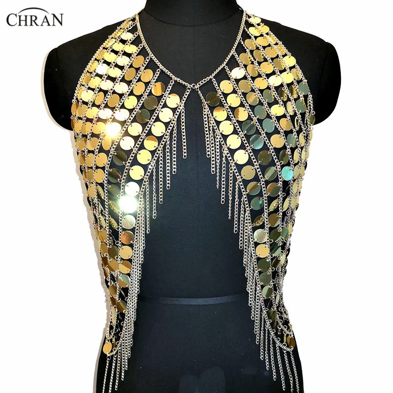 Chran Sexy Spark Vest Mermaid Crop Tops Tassel Halter Necklaces Holiday Wear Sequin Women Night Club Party Jewelry Accessories