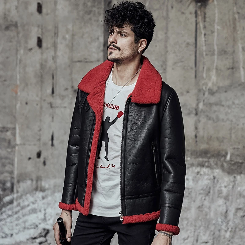 Men's Shearling Jacket Men's Fur Coat  Pilots Coat Black Flying Jacket B3 Sheepskin Jacket Red Collar Lining