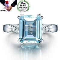 OMHXZJ Wholesale European Fashion Woman Man Party Wedding Gift Rectangle Light Blue Topaz AAA Zircon 18KT White Gold Ring RR605