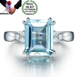 OMHXZJ Wholesale European Fashion Woman Man Party Wedding Gift Rectangle Light Blue Topaz AAA Zircon 18KT White Gold Ring RR605