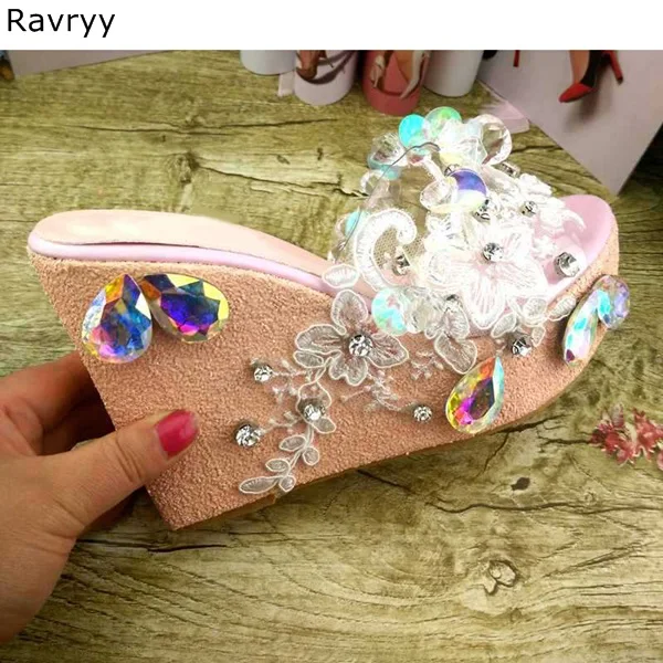 

Summer PVC wedges women sandals colorful crystal flowers decor peep toe platform heels elegant female wedding party dress shoes