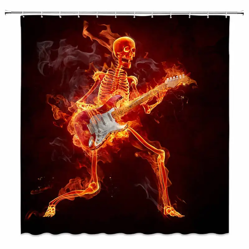 Burn Skull Shower Curtain Guitar Music Rock Alternative Skeleton Cool Unique Black Orange Bathroom Curtains Polyester Fabric