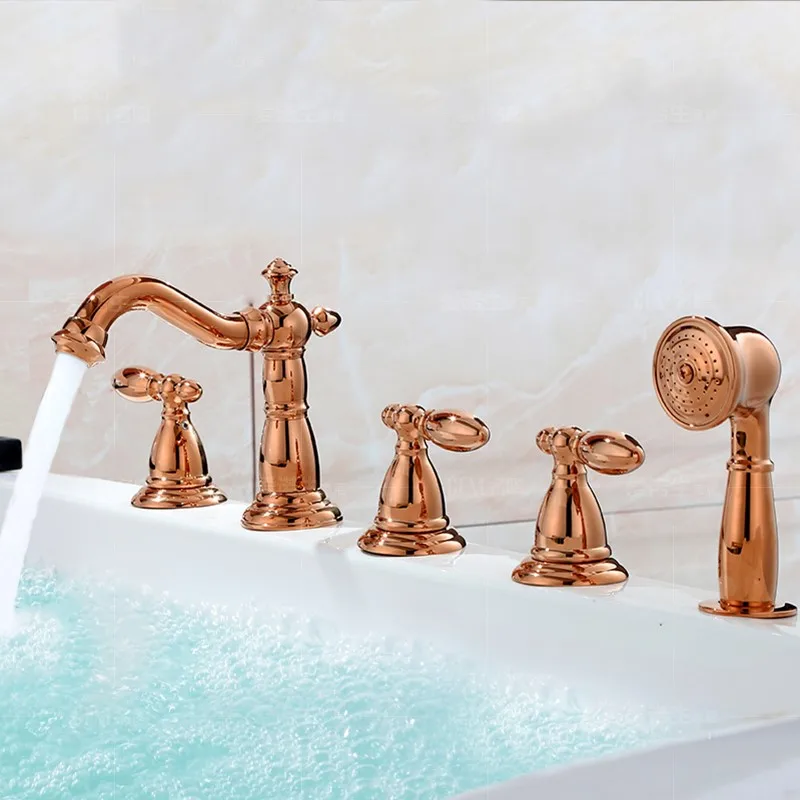 Brass Bathtub faucet Gold/ Rose gold bathroom Shower faucet five holes Cold and hot water mixer tap with handheld shower head