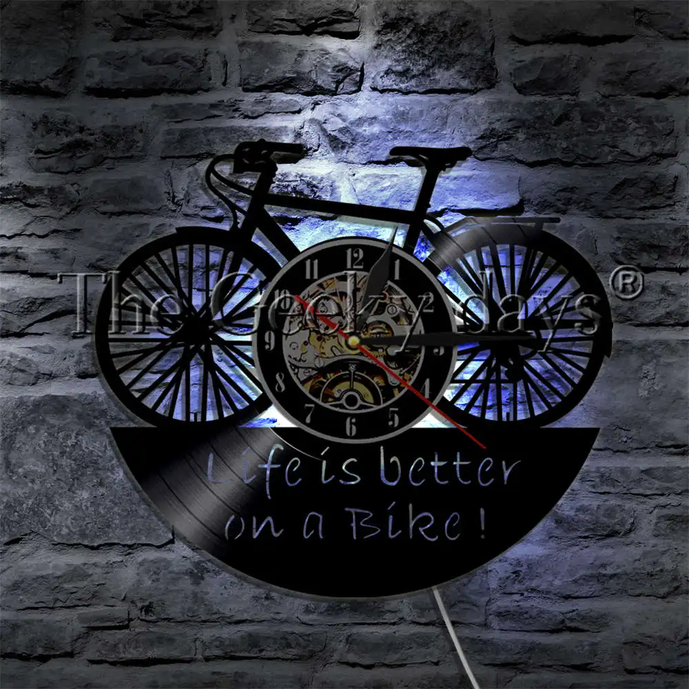 

Life Is Better On A Bike Rider's Motto LED Light Vinyl Clock Wall Clock With LED illumination Vintage Bike Color Change