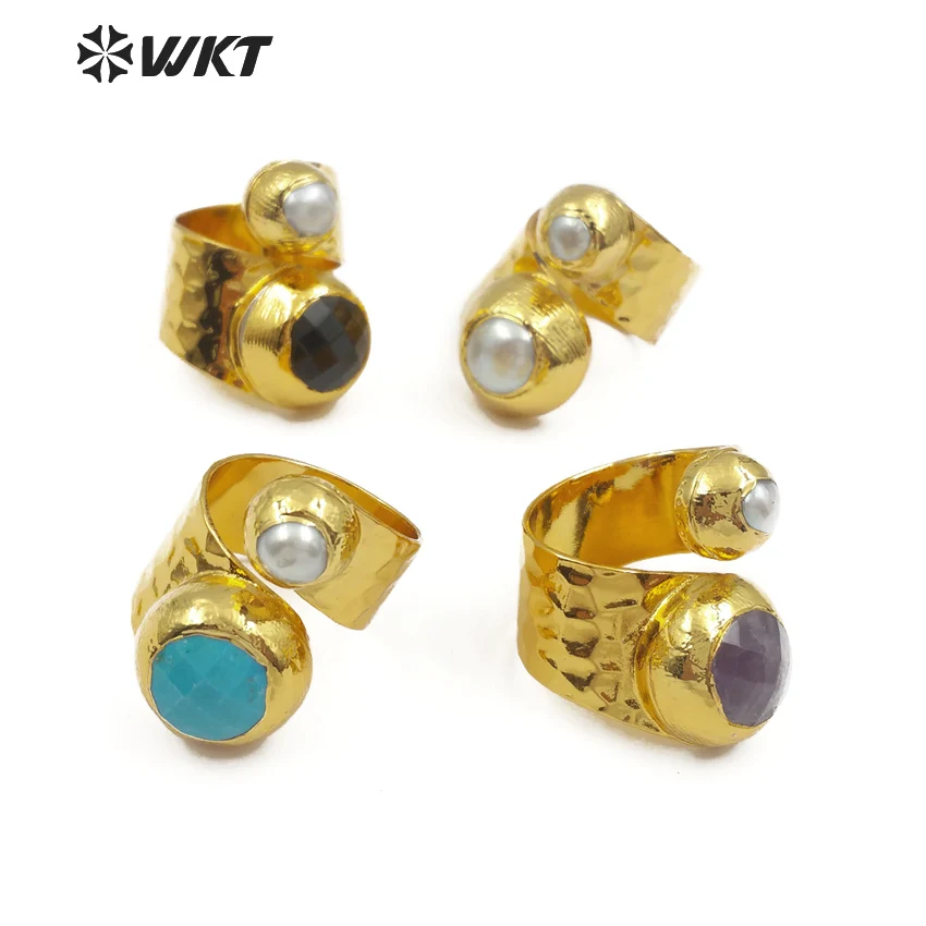 WT-R329 WKT Wholesale 10pcs/lot new style Unique double-layer ring with natural stone and pearl embellishment ladies gold ring