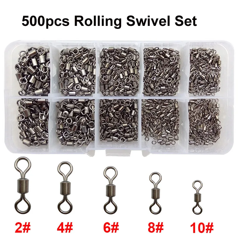 Hyaena 500pcs/box size 2 4 6 8 10 Fishing Swivels Interlock Rolling Swivel Fish Hook Connector Fishing Rolling Swivels