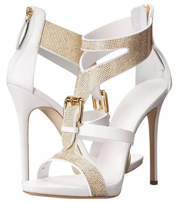 

Luxury White Color Thin Heels Platform Crystal Sandals Women Buckle Rhinestone Gladiator Dress Sandals Shoes Party Pumps
