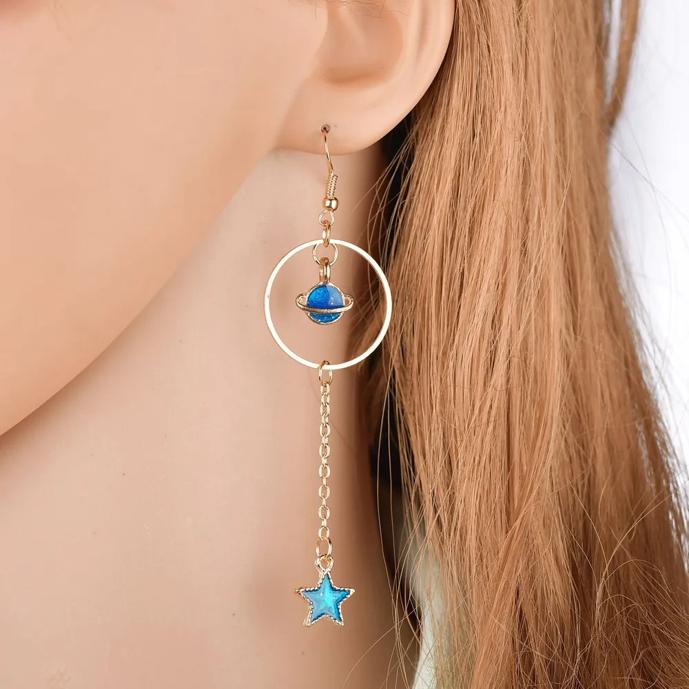 New Style Blue Star Moon universe alloy Asymmetric earrings For Women creative irregular Round Planet Drop Earrings