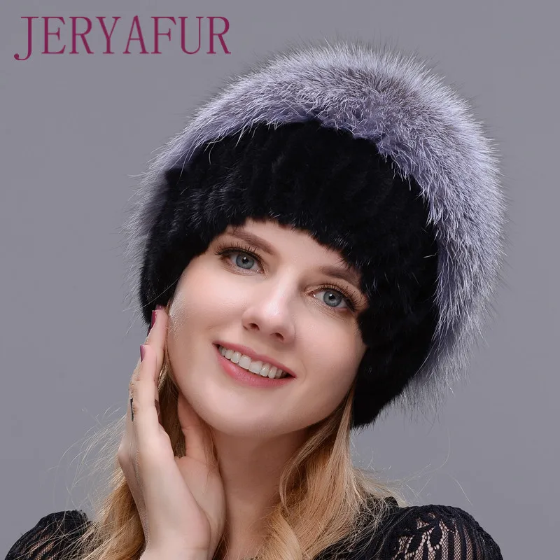 Female Mink Fur Hat Women Winter Hat Knitted Mink Fox Fur Cap Female Warm Hat Cap Silver Fox Part More