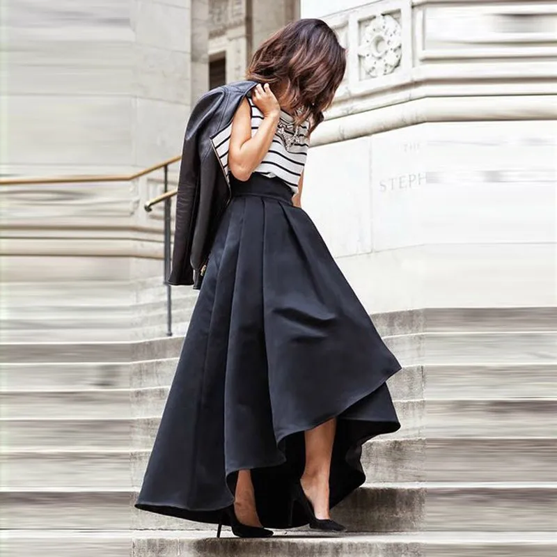Chic High Low Women Skirt Pleat High Zipper Waist Floor Length