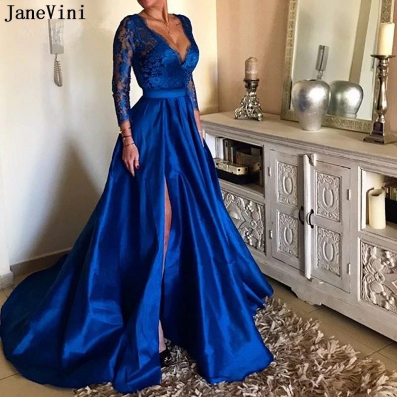 JaneVini Royal Blau Plus Größe Kleid Abendkleider Lange Sexy Tiefem V-ausschnitt Spitze Hülse Hohe Split Illusion Satin Kleider gala Jurken