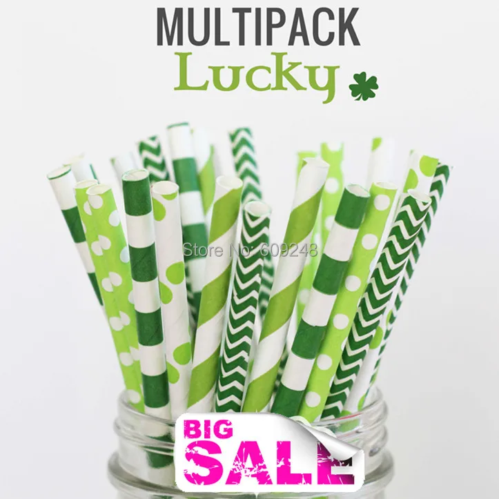 125 Pcs Mixed Colors LUCKY St Patricks Day Themed Paper Straws, Kelly Green and Lime Green Striped, Polka Dot, Chevron, Cheap