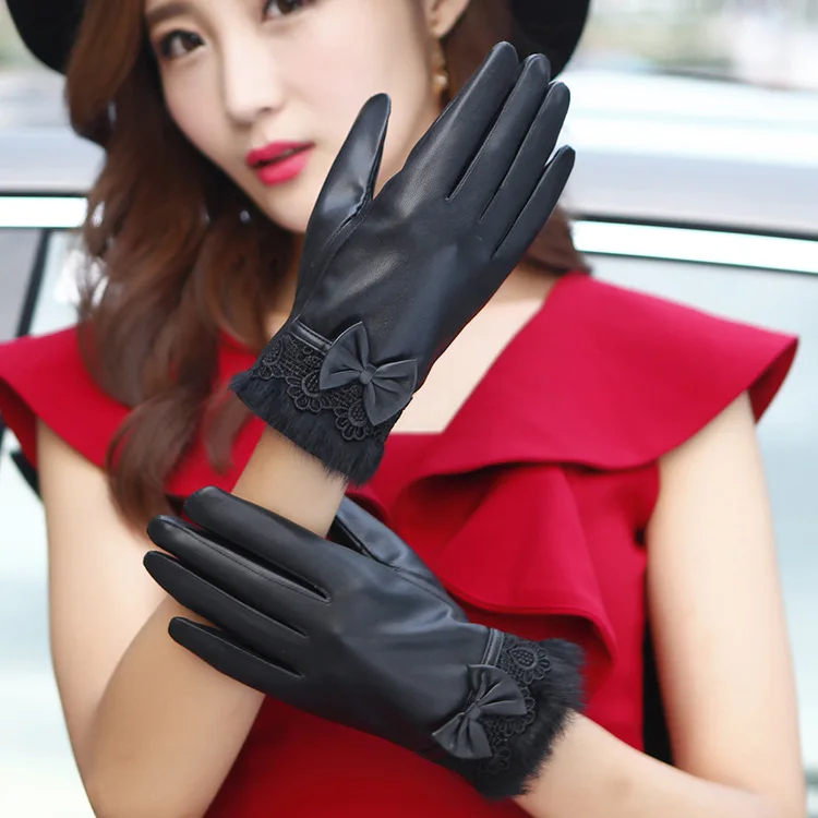 Lady Leather Warm Gloves Female Warm Mittens Bow Tie PU Leather Gloves Winter Gloves Luva Feminina Velvet Warm Gloves B-9197