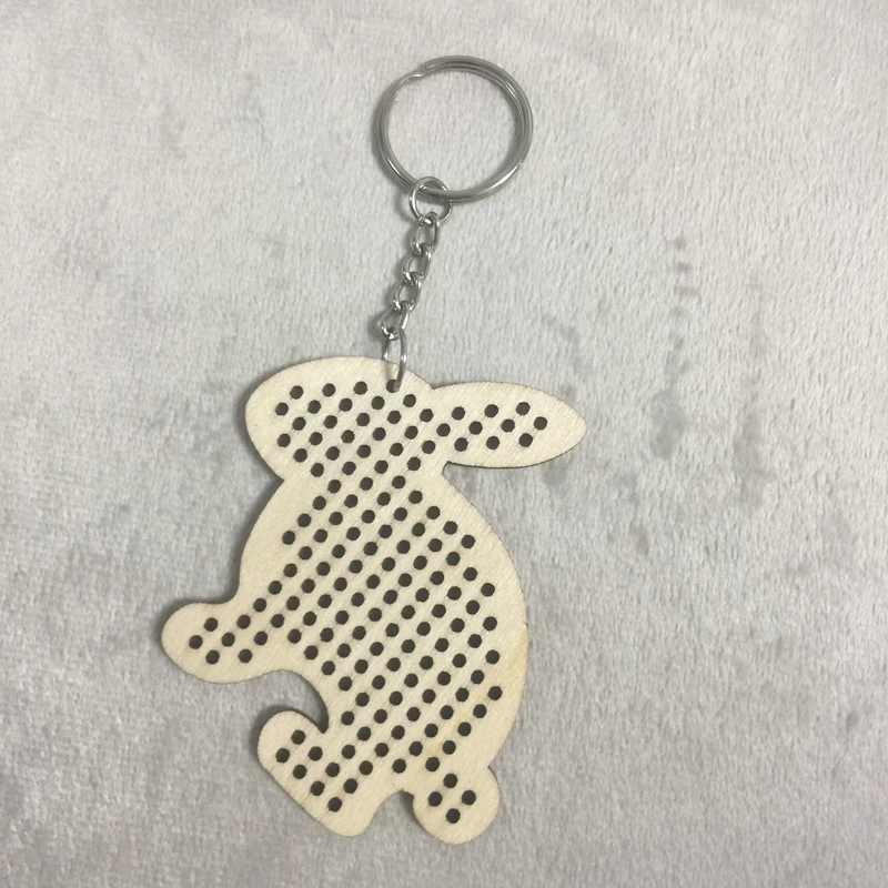 

free shipping 20pcs laser cut out rabbit shape wooden keychain cross stitch keyring kit