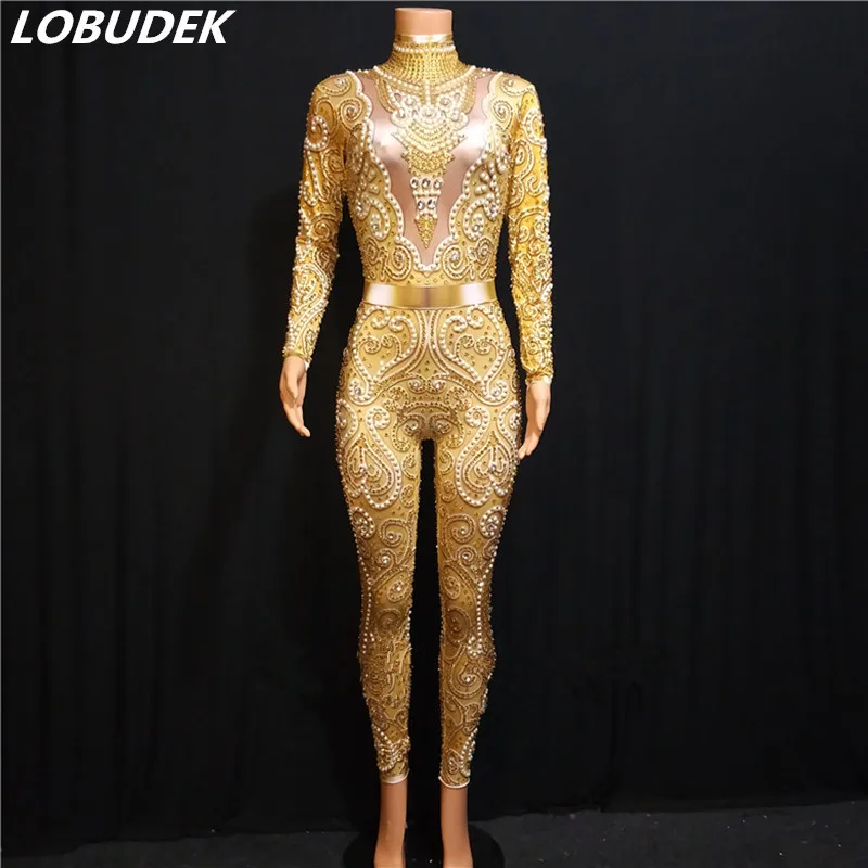 Gold Silver Rhinestones Pearls Jumpsuit Elastic Long Sleeve Leotard Lady Singer Stage Costume Birthday Party Celebration Outfits